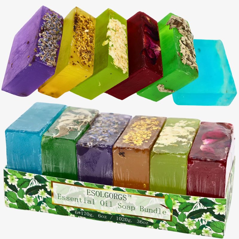 ESOLGORGS Bar Soap Made from Natural Oils 36oz,Plant Based Gift Set, With Premium Essential Oils, Dry Skin, Pack of 6(Rose, Lavender, Jasmine, Osmanthus, Mugwort, Cologne)