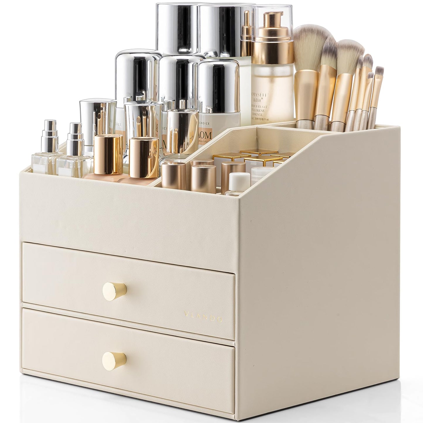 VLANDO Makeup Organizer for Vanity,Large Capacity Bathroom Counter Organizer with Drawers,PU Leather Skin Care Storage for Lipstick,Brushes,Perfumes (Beige)