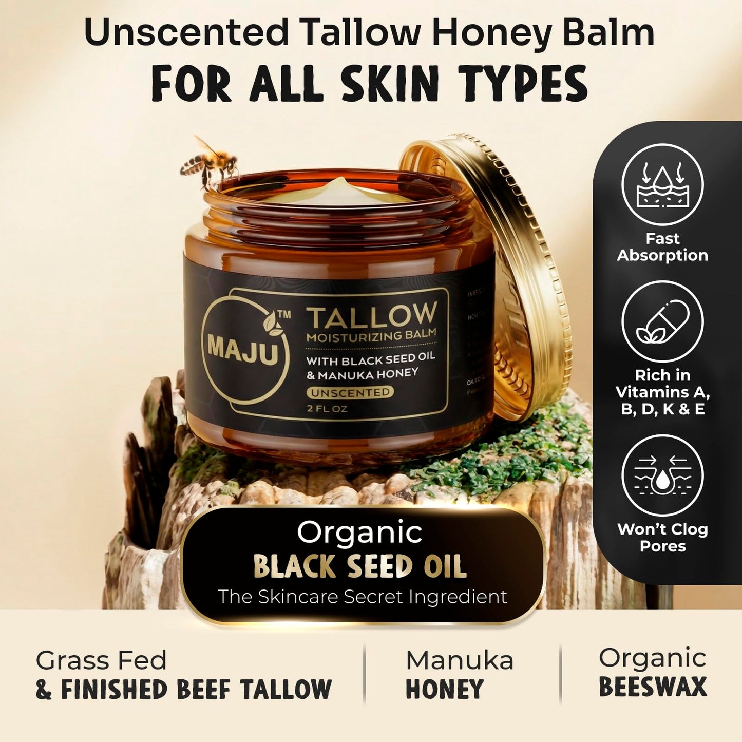 MAJU Beef Tallow Manuka Honey Balm, Unscented (2 oz), Grass-Fed Beef Tallow for Skin with Organic Black Seed Oil, Manuka Honey and Organic Beeswax, Skin and Face Moisturizer for Deep Hydration