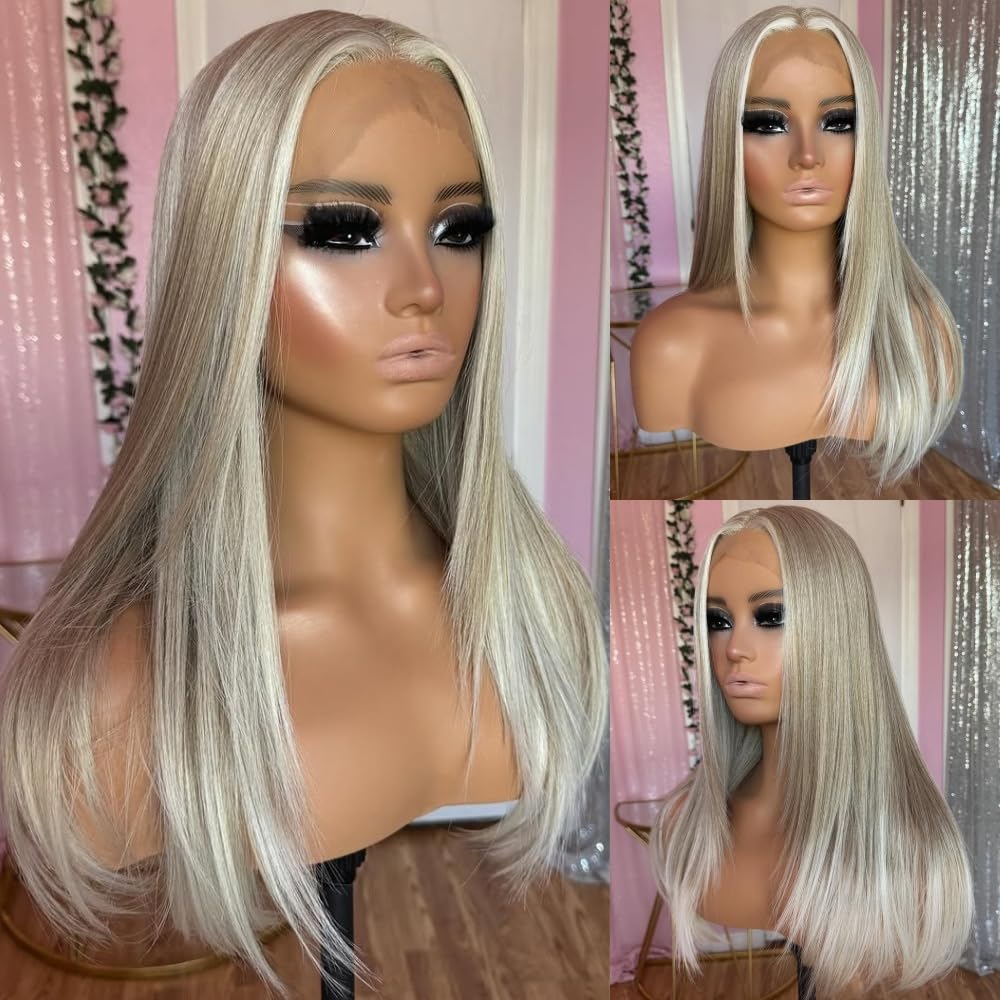 Ombre Ash Blonde Lace Front Wig - Pre-Plucked Baby Hair, White Grey Balayage Highlights | Straight Bob Synthetic Wig for Women