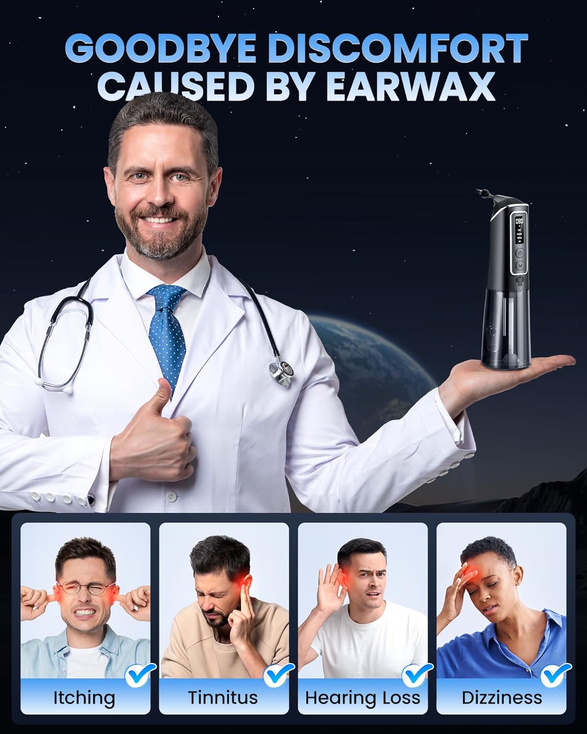 Ear Wax Removal Kit - Safe Electric Ear Cleaner with Water Temp Sensor | USB Rechargeable, IPX7 Waterproof