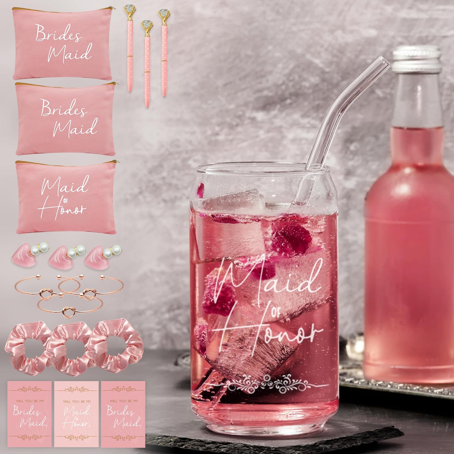 KIKINIKO Bridesmaid Gifts Set of 6 Pink, Total 42 pcs, Bridesmaid Proposal Gifts Contain 16oz Glass Cups Cosmetic Makeup Bags Invited Cards Scrunchies Hair Knotted Bracelets Diamond Pens love clip