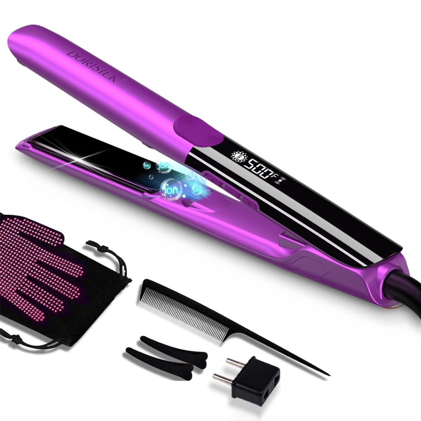 DORISILK 500 Degree High Temp Professional Hair Straightener，15s Fast Heating Ceramic Flat Iron ，2 in 1 Hair Straightener and Curler，Plasma Flat Iron Get Frizz-Free ，Dual Voltage for Travel Purlpe
