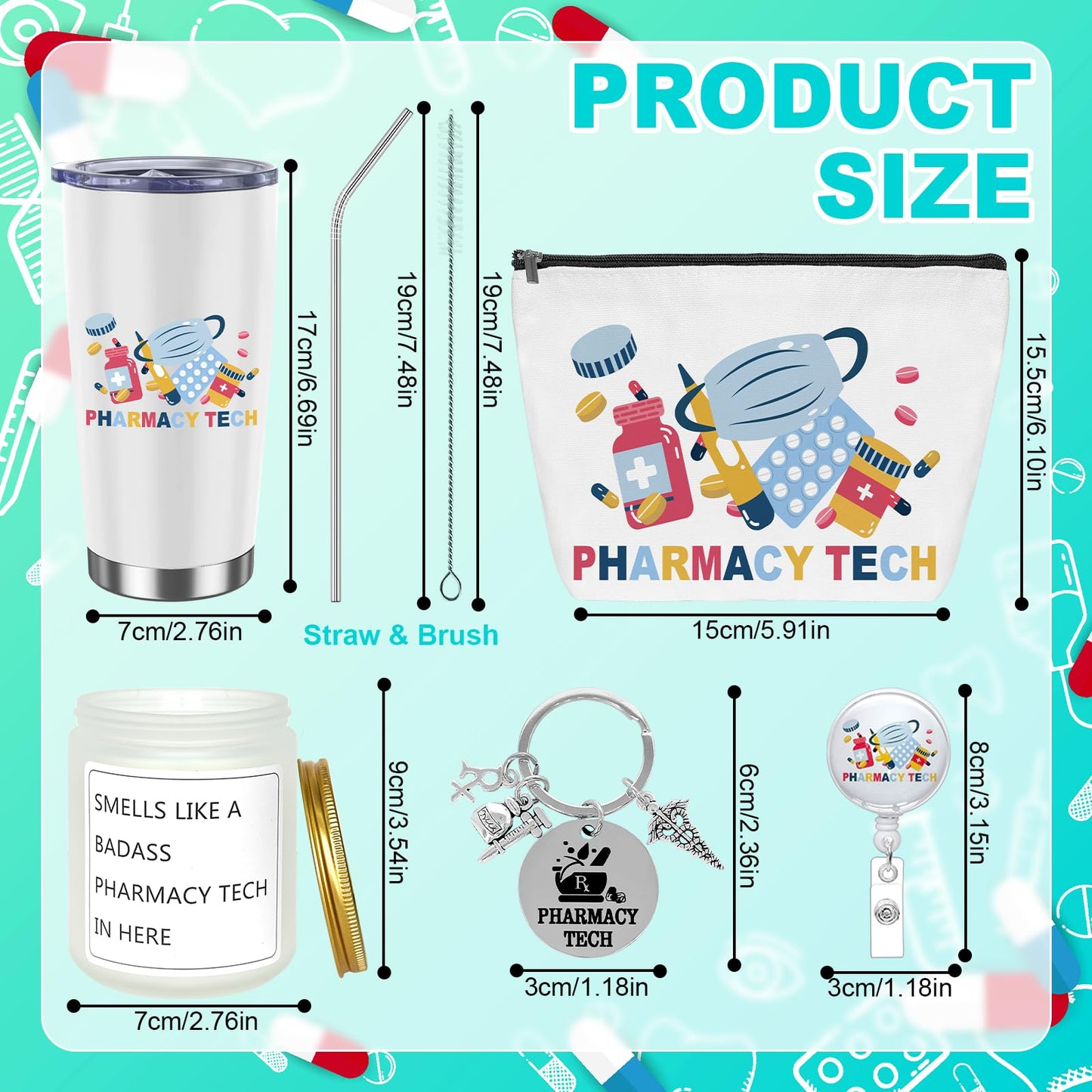 6Pcs Pharmacy Technician Appreciation Gifts Include Cup Portable Cosmetic Bag Badge Keychain Aromatherapy Thank You Card Pharmacy Technician Accessories for Doctors Nurses Week Gift Supplies