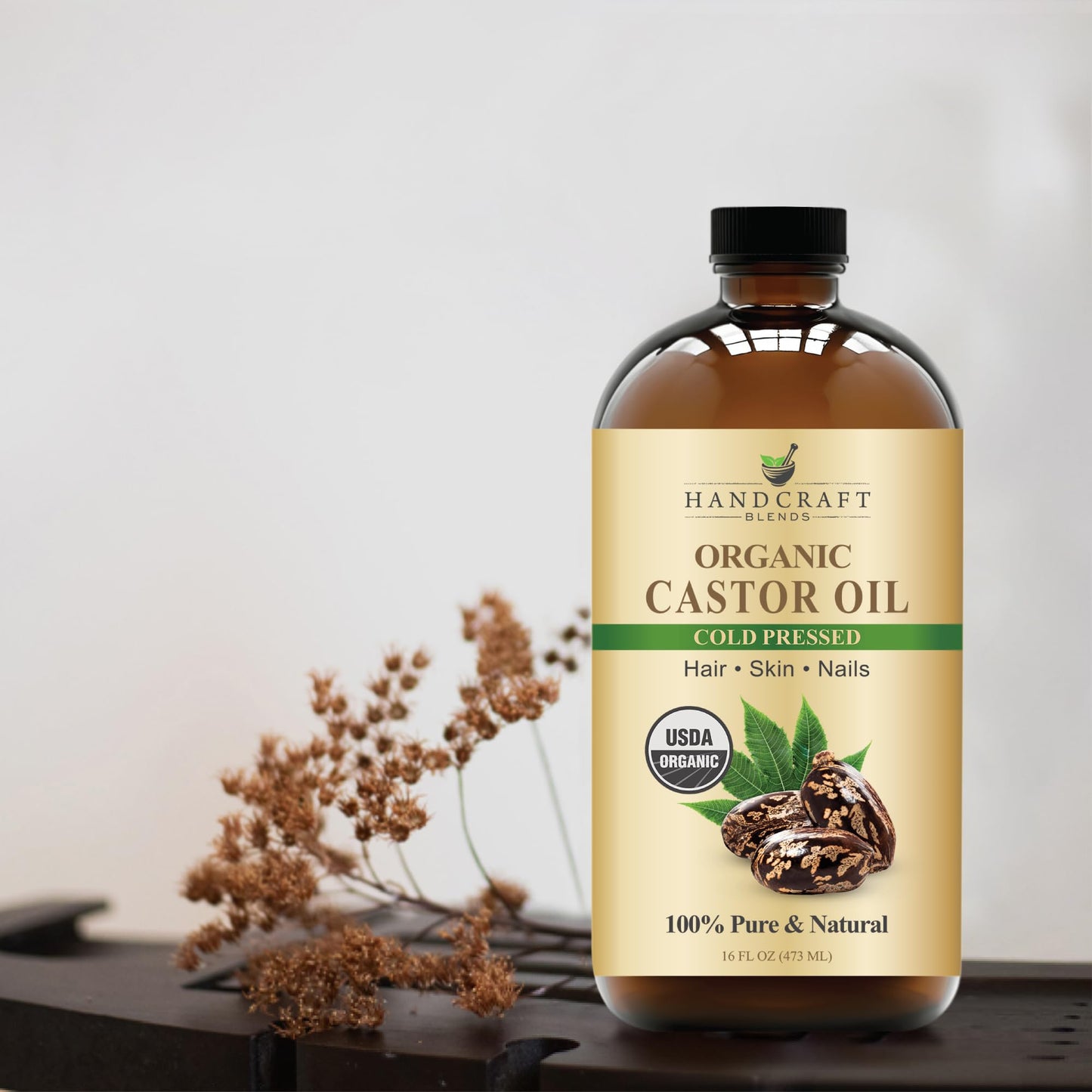 Handcraft Blends Cold-Pressed Organic Castor Oil 16 Fl Oz | Glass Bottle | 100% Pure and Natural | Premium Grade Carrier Oil | Hair, Eyelashes and Eyebrows | Hair and Body