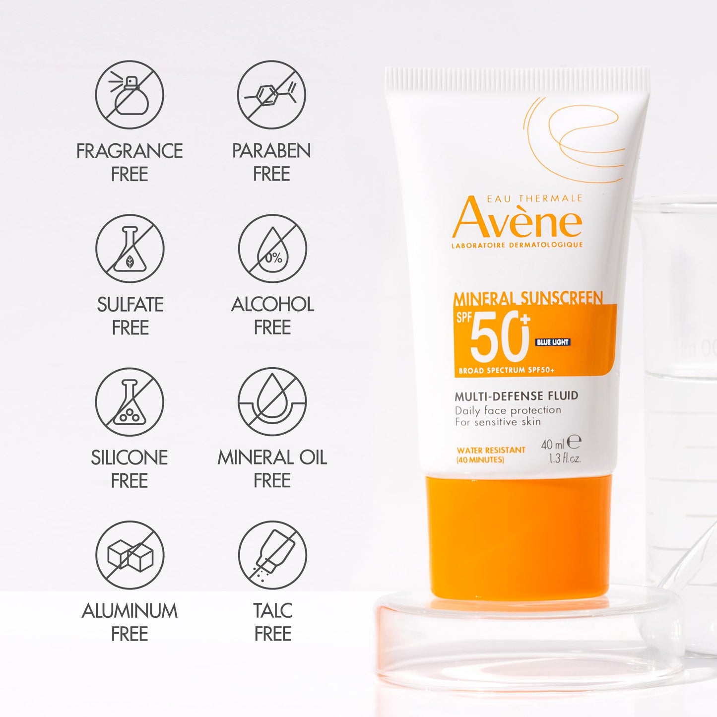 Avène Mineral Sunscreen Multi-Defense Fluid SPF 50+ - Tinted Sunscreen, 100% Mineral UVA/UVB Filter Sunscreen, Face SPF Tinted, Water Resistant, No White Residue, Fragrance Free for Sensitive Skin