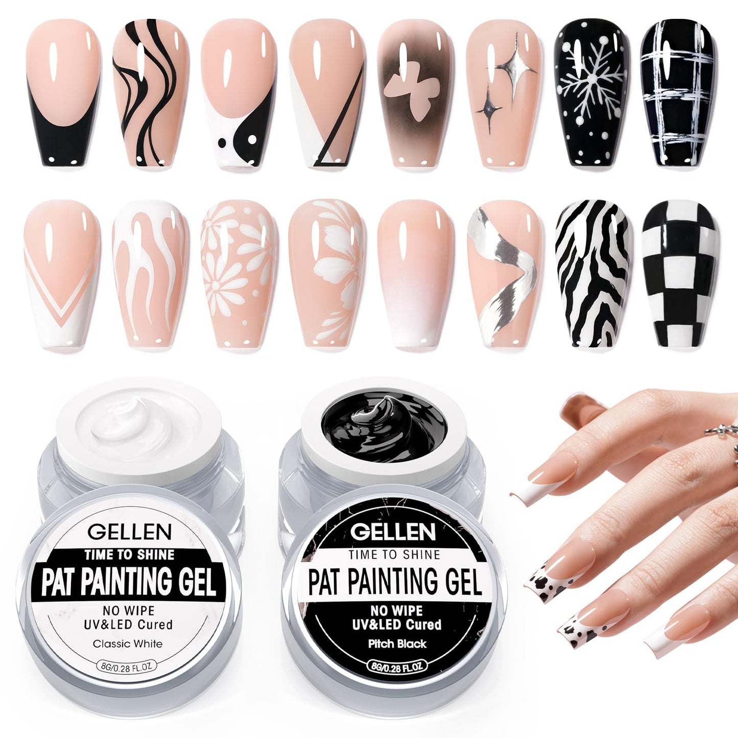 GELLEN Nail Painting Gel, 2Pcs 8G Black & White, No Wipe Pat Painting