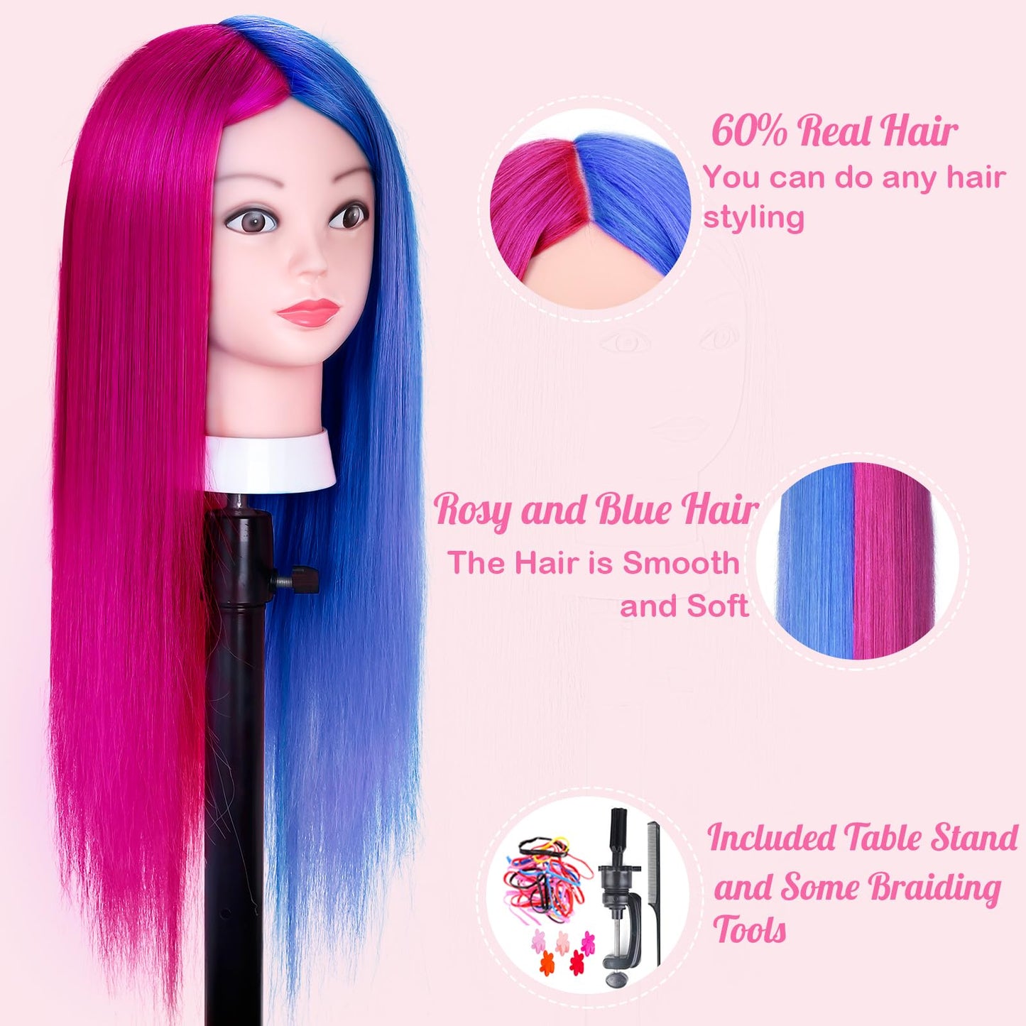 Mannequin Head with 60% Real Human Hair, Beauty star 26" Cosmetology Manikin Head, Doll Head for Hair Styling to Practice Styles, Hairdressing Training Braiding Maniquine Heads with Table Stand