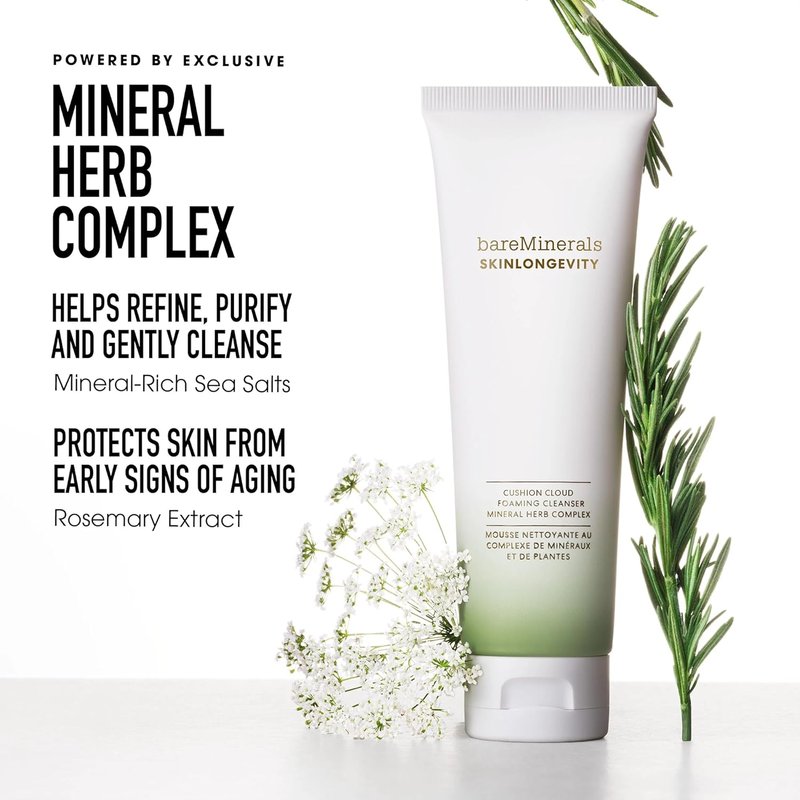 bareMinerals Skinlongevity Face Cleanser - Cream-to-Foam Makeup Remover | Gentle for All Skin Types, Strengthens Skin Barrier