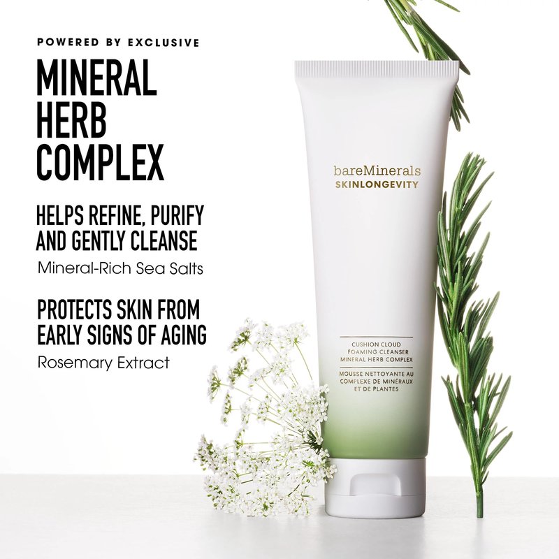 bareMinerals Skinlongevity Face Cleanser, Cream-to-Foam Cleanser with Mineral Herb Complex, Removes Makeup & Sunscreen, Gentle for All Skin Types, Vegan, Cruelty-Free & Dermatologist-Tested