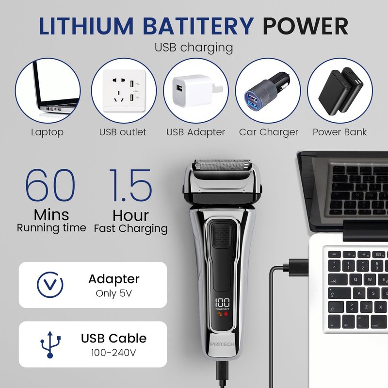 PRITECH Foil Shaver for Men, Electric Razor with Tight Foil Technology, Skin-Friendly Design, Easy Blade Replacement, Cordless Rechargeable with Pop-Up Trimmer, LED Display,Waterproof