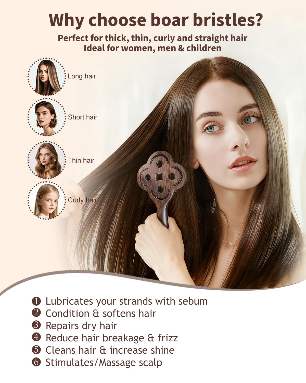 Detangling Brush, Boar Bristle Hair Brush for Thick Curly Thin Long Short Wet or Dry Hair Flexible Bristles Effectively Prevent Tangles, Natural Crystal Inlay Hair Brush for Men Women Kids