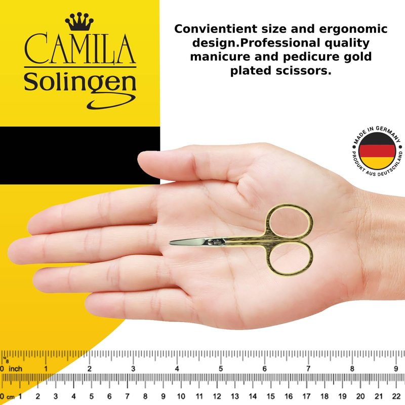 Camila Solingen CS01 Safety Tip Baby Nail Scissors for Manicure and Pedicure, Hypoallergenic Gold Plated Grooming Scissors for Toddler Nail Care, Made of Carbon Steel in Solingen, Germany