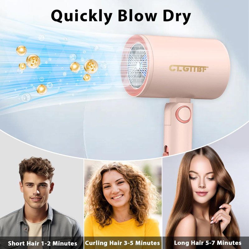 CLGTTBF Portable Hair Blow Dryer with Nozzle, Double Blue Light Hair Dryers for Women, 1000W Mini Travel Blow Dryer，Pink