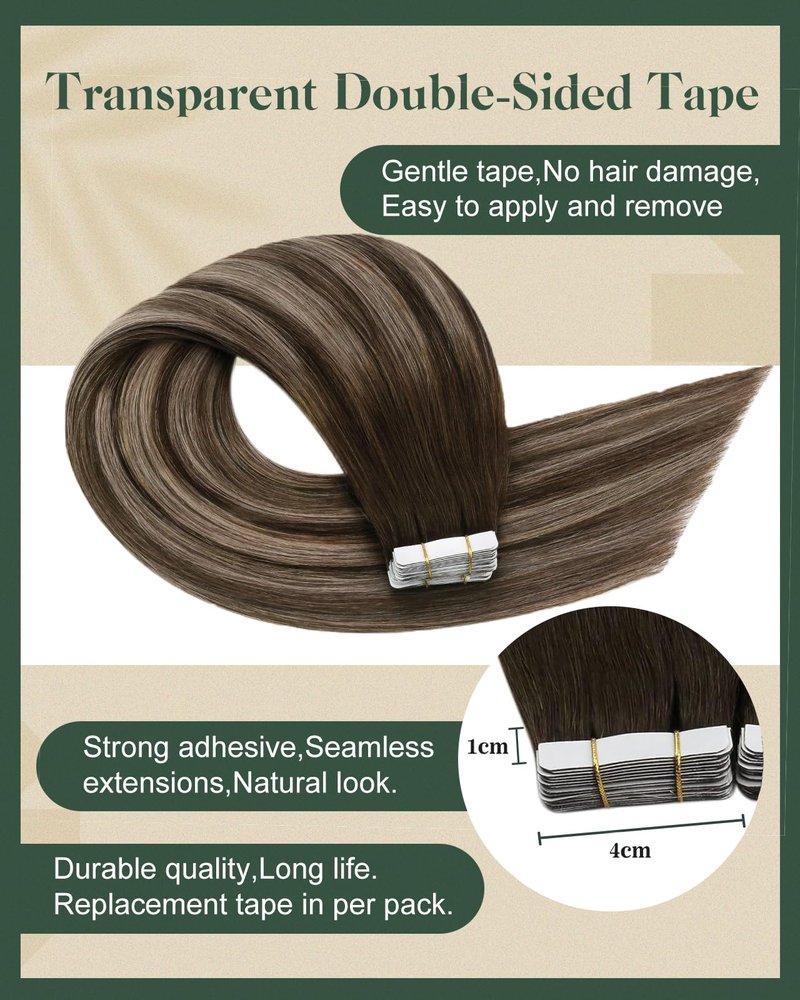 Ugeat 20 Inch Tape in Extensions Human Hair Balayage Hair Extensions Tape ins Dark Brown Mix Ash Brown Thick Human Hair Extension Tapes in Quick to Wear 50G 20Pcs