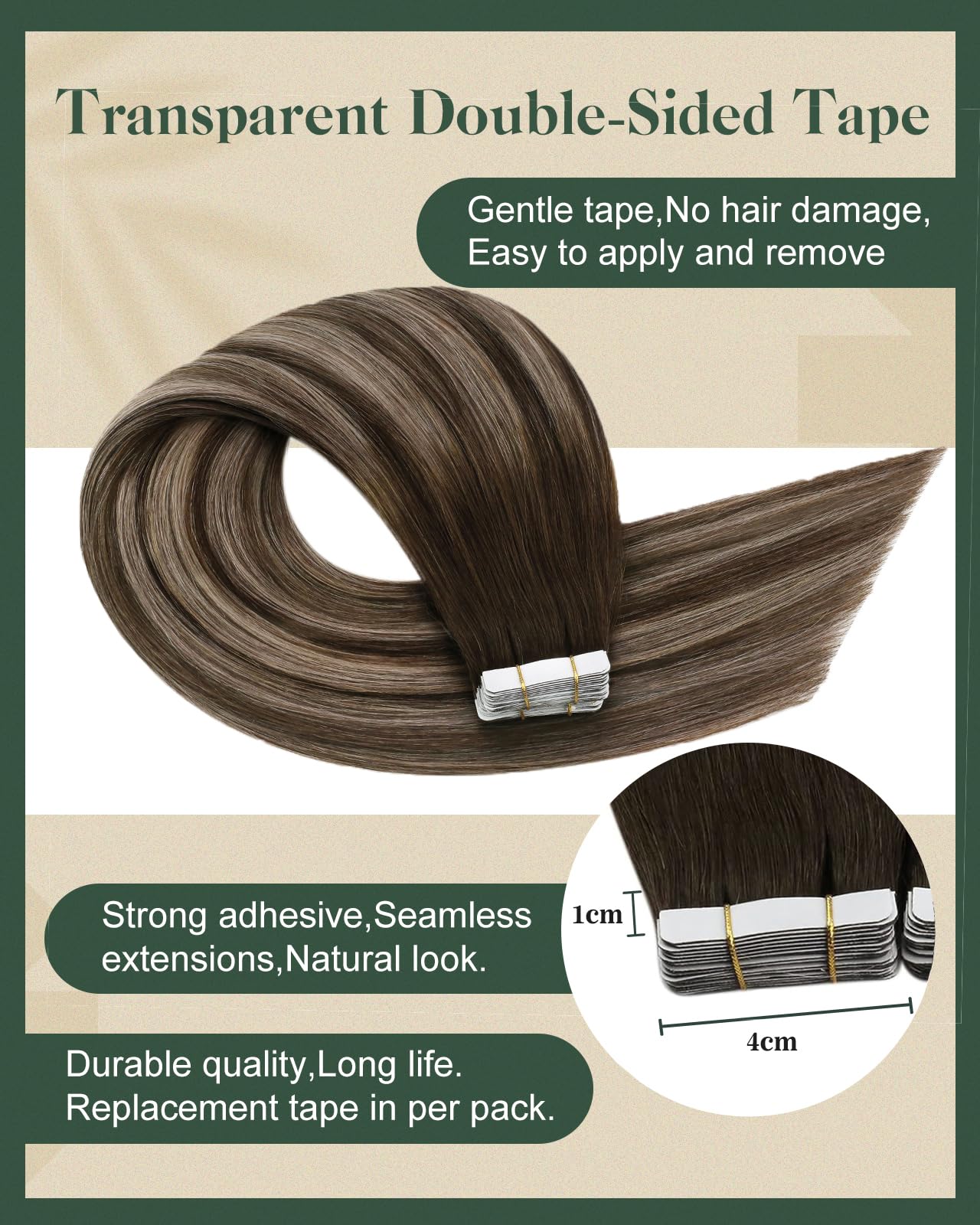 Ugeat Dark Brown Tape in Hair Extensions Human Hair Ombre Hair Extensions Tape in Dark Brown Mix Ash Brown Balayage Color Invisible Seamless Short Length for Wedding 14 Inch 20Pcs 40G