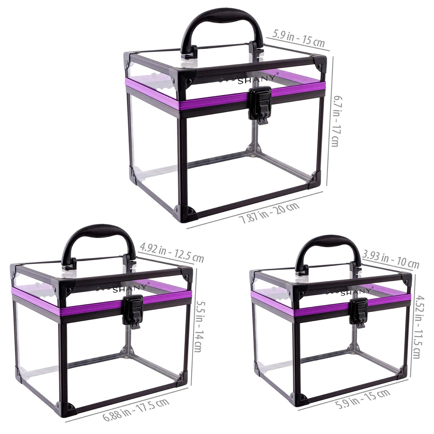 SHANY Clear Cosmetics and Toiletry Train Case - Clear Travel Makeup Bag Case Organizer with Secure Closure and Black/Purple Accents - 3PC Set