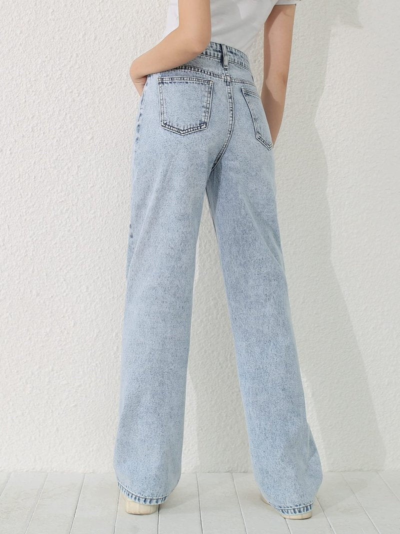 SweatyRocks Girl's High Waisted Solid Straight Leg Jeans Casual Loose Denim Pants Light Wash 10-11Y