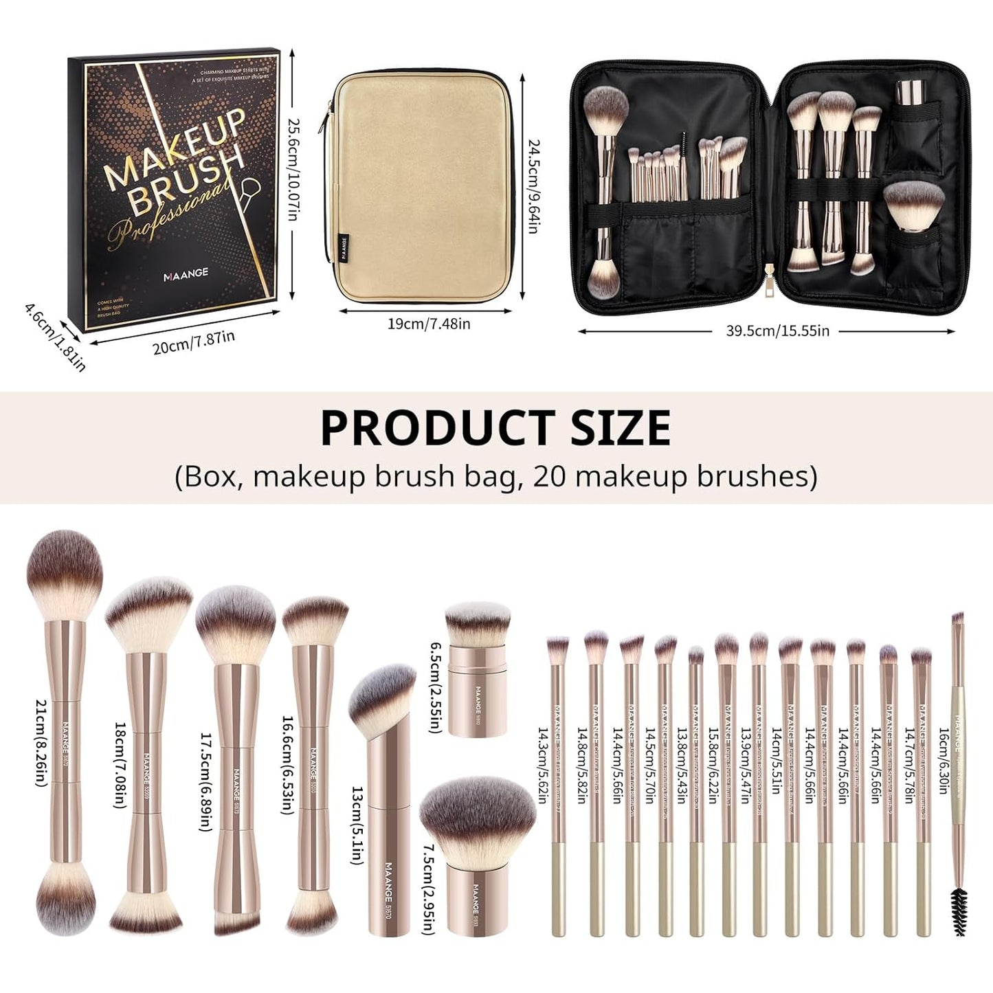 Makeup Brush Set - 20 PCS Double-Ended Kabuki & Foundation Brushes | Gold Case for Blending & Contouring
