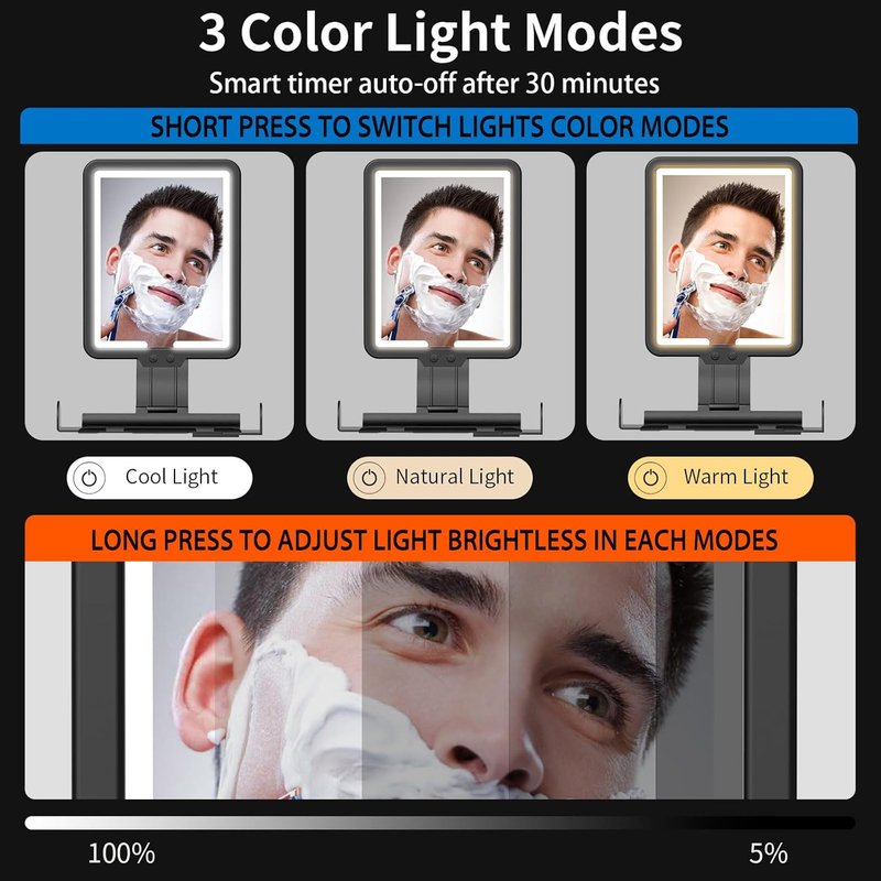 Fogless Shower Mirror for Shaving - LED Light, Dimmable Brightness | Strong Adhesive Backing, 3-Color Options