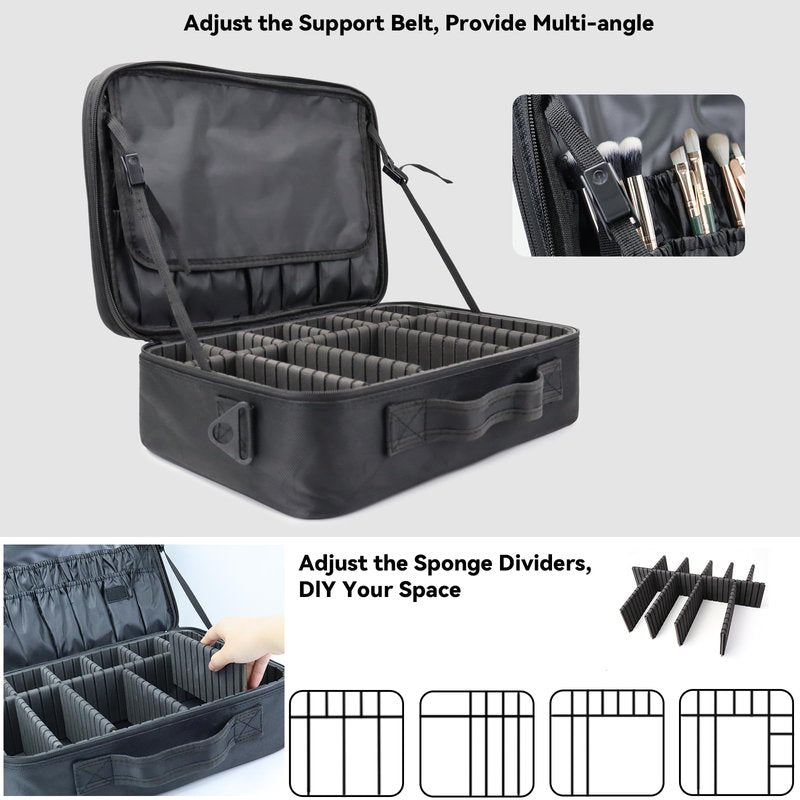 MORMID Travel Makeup Case 3 Layers Portable Makeup Train Case Cosmetic Bag Organizer Storage for Women with Adjustable Dividers and Shoulder Strap for Toiletry Travel Accessories(Black,XL)