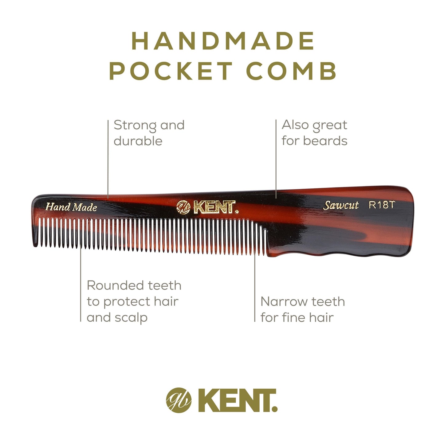 Kent R18T Fine Tooth Comb for Men with Ergonomic Thumb Grip - Handmade Large Hair Comb for Styling, Saw Cut and Hand Polished, Made in England (5.4")