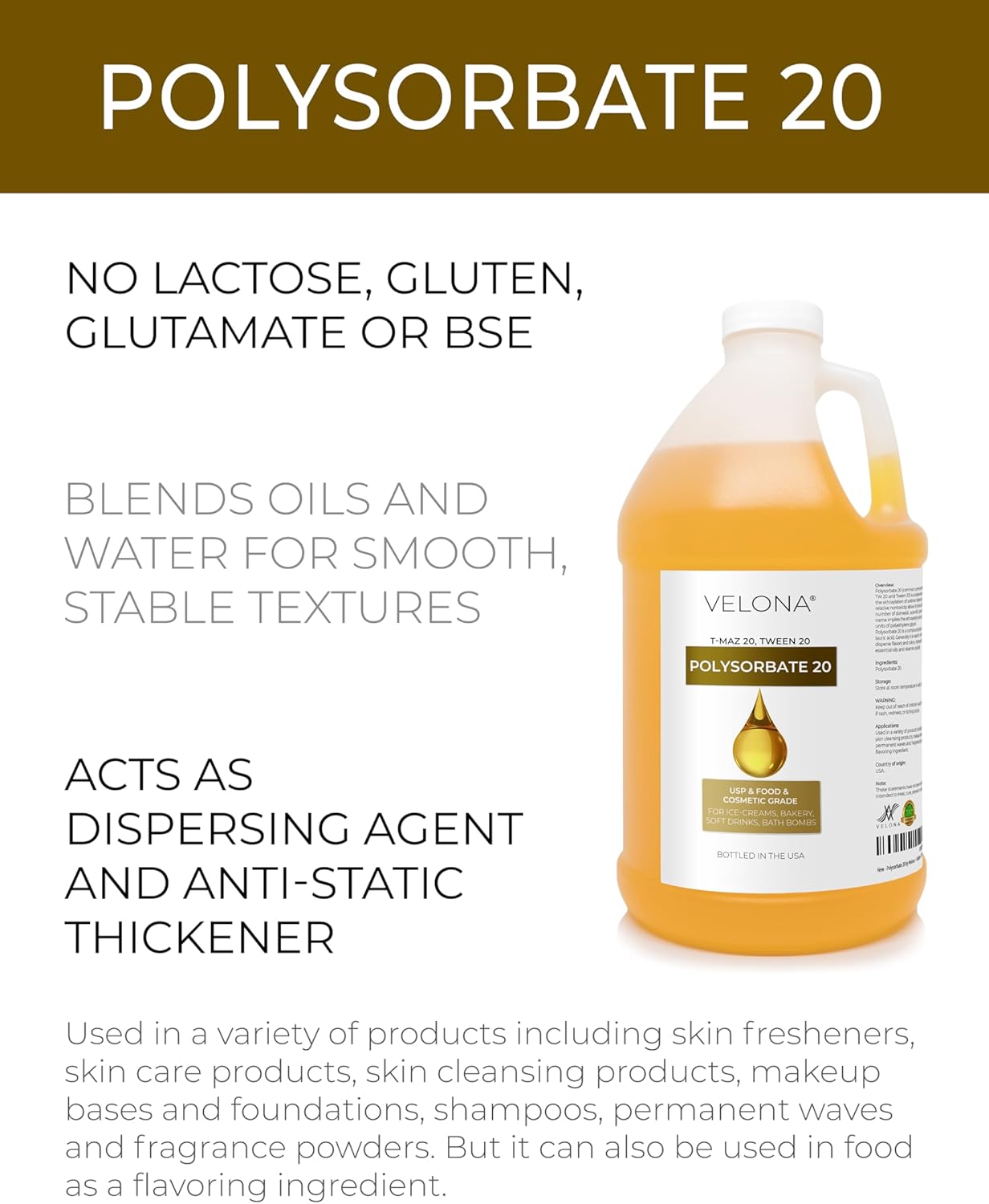 Polysorbate 20 - All-Natural Solubilizer for Food & Cosmetics | 64 Fl Oz | Ideal for Cooking, Skin Care & Bath Bombs