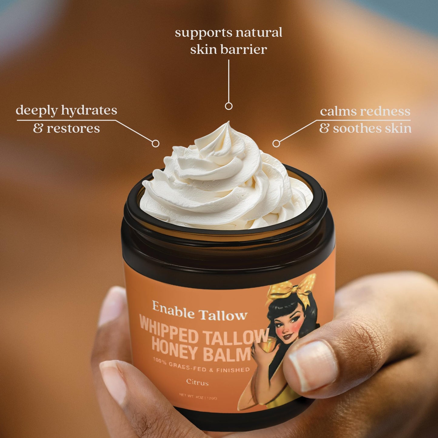 Enable Tallow Face & Body Cream – Whipped Beef Tallow & Manuka Honey Balm for Dry Skin, Eczema & Sensitive Skin – Natural Moisturizer, Citrus Scent, 4oz