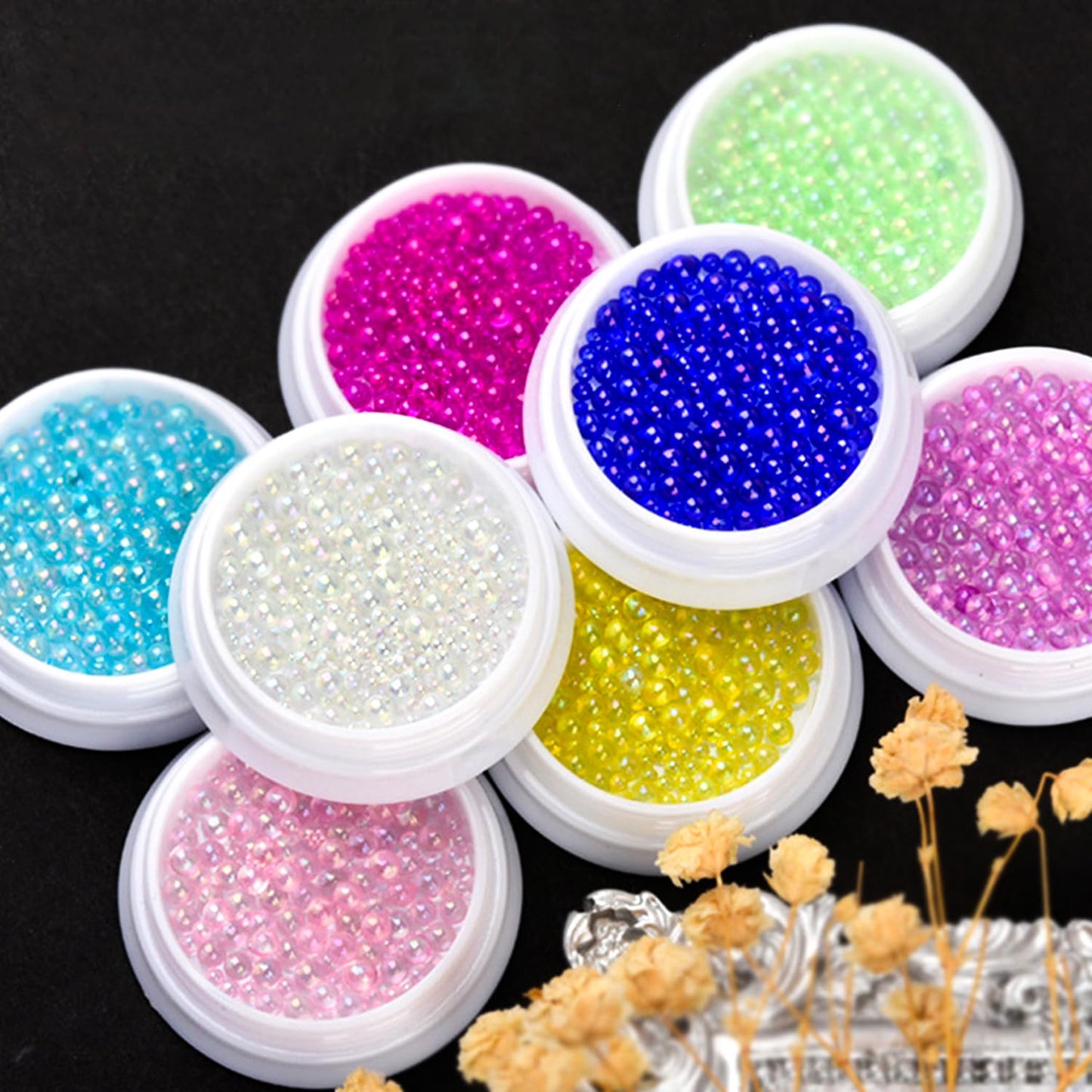 SILPECWEE 9 Boxes Mermaid Bubble Beads for Nails, Iridescent Circular Nail Rhinestones Aurora Caviar Beads Nail Pearl Crystal Diamond 3D Nail Charms Nail Decorations for Makeup DIY Accessories