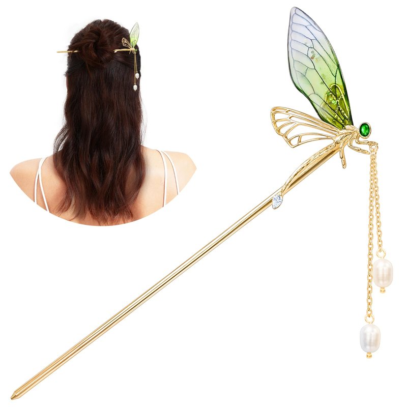 KZQtriid Hair Accessories，14k Gold Plated Copper，Vintage Handcrafted，Colour Enamels Green Dragonfly Tassels Hair Stick，5.90"Hair Clip.Hair Chopsticks For Women
