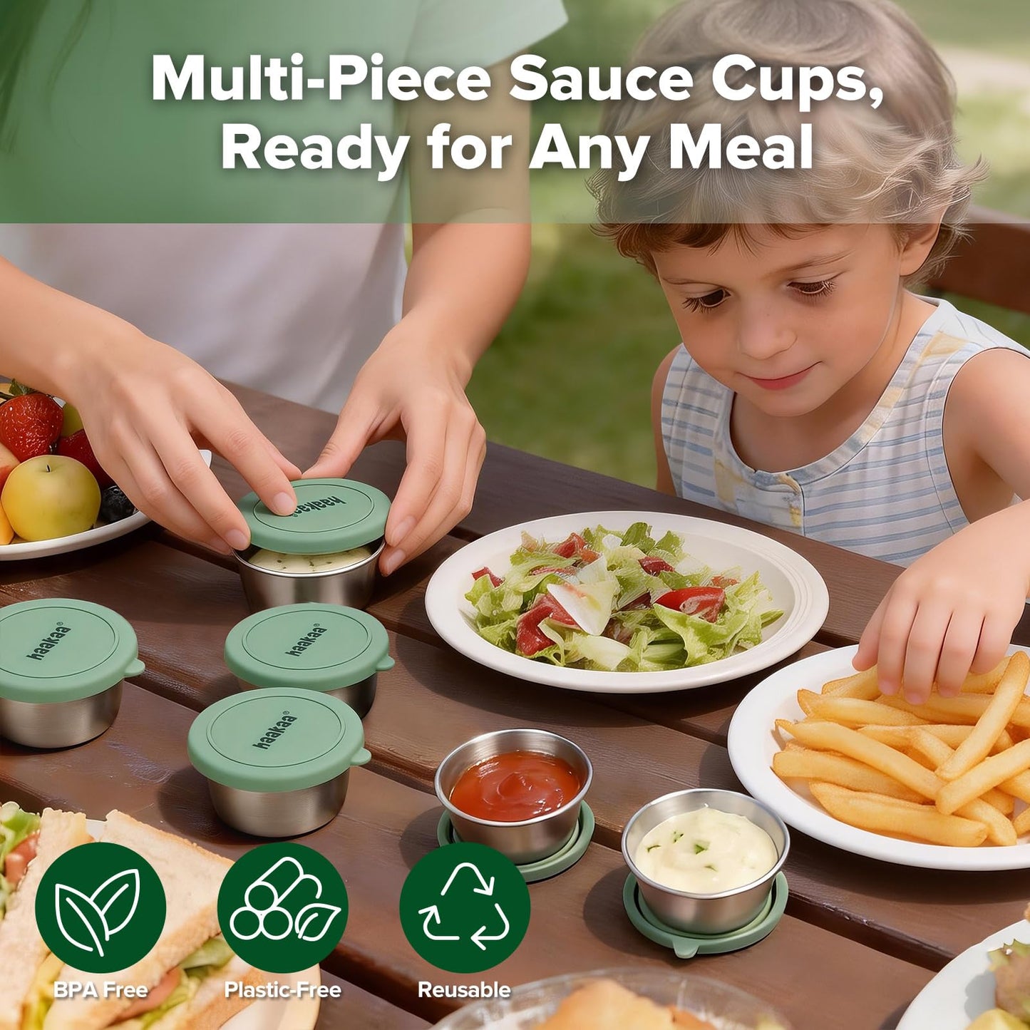 haakaa 6 Pack Small Salad Dressing Container To Go, 1.18 oz Leakproof Condiment Containers with Silicone Lids, Reusable Stainless Steel Sauce Cups for Lunch Box, Meal Prep & Travel