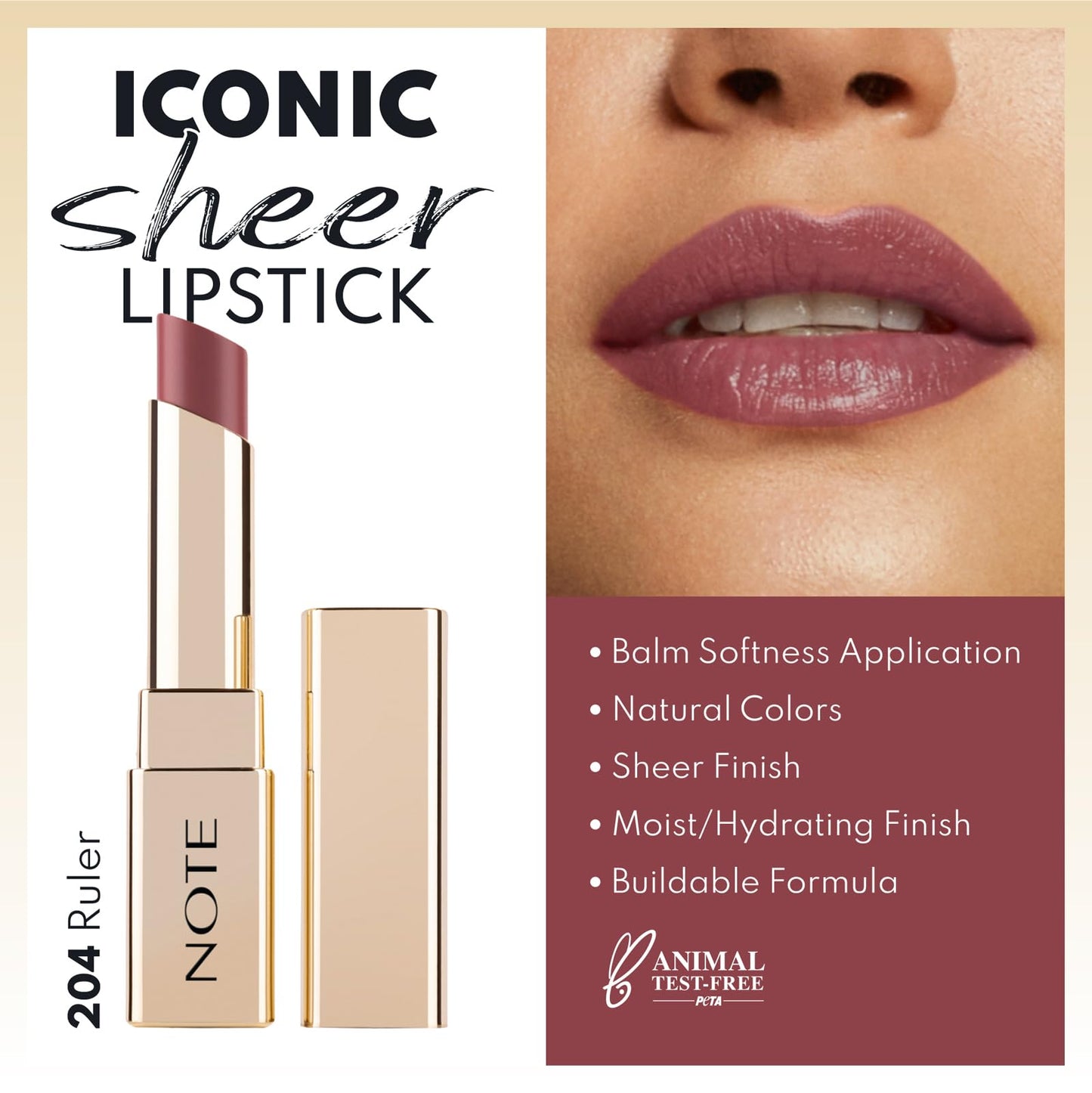 NOTE Cosmetique Iconic Sheer Lipstick - Hydrating Lipstick for Women - Balm-Like, Natural Sheer Finish Formula - 204 Ruler - 0.11 oz