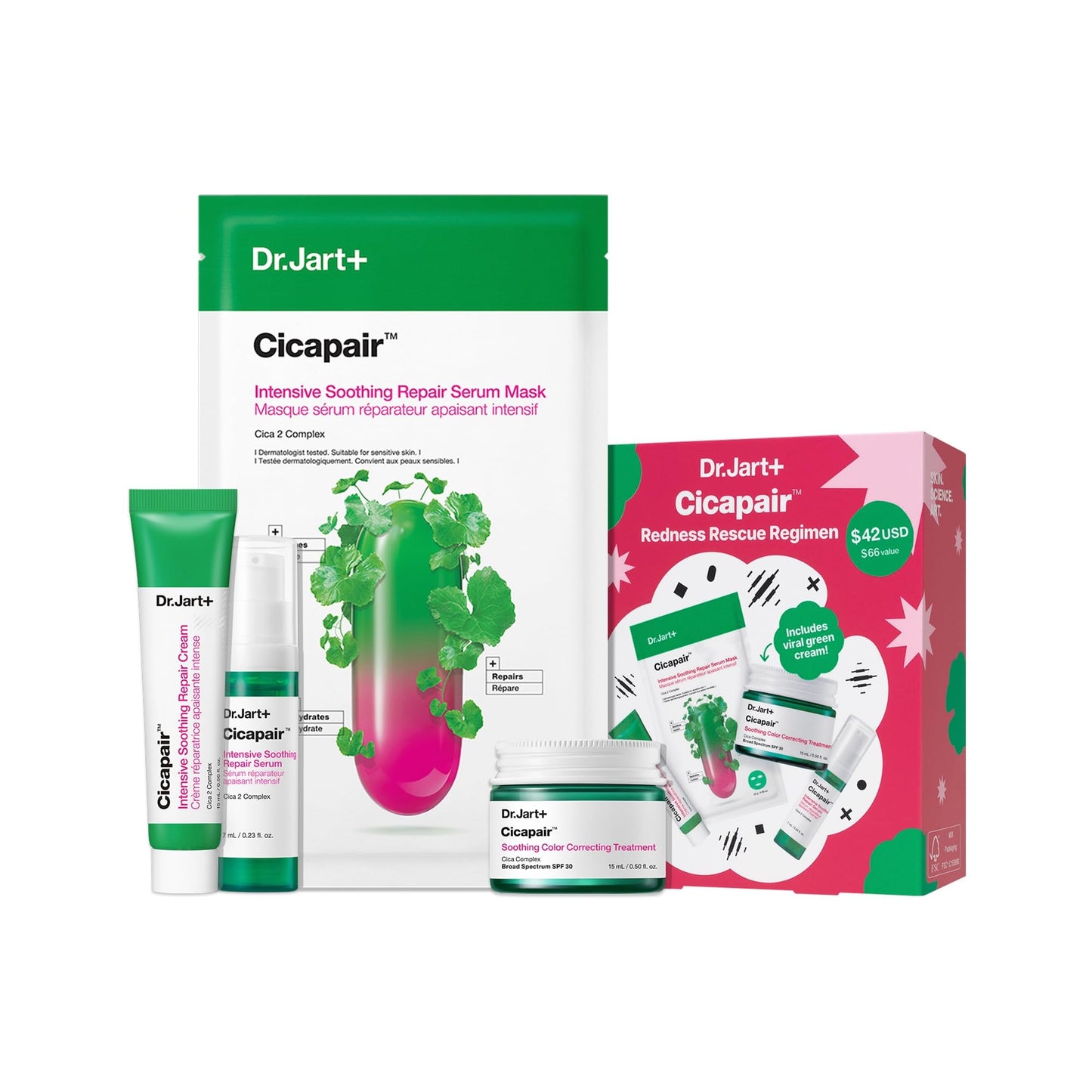 Dr.Jart+ Cicapair Redness Rescue Regimen Korean Skin Care Set with Centella Asiatica | 4 Piece Travel Size Value Gift Set | Gifts for Women