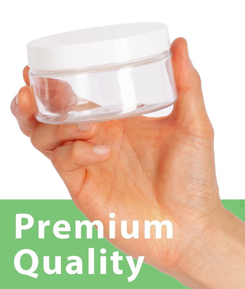 JUVITUS 8 oz Clear PET Plastic Low Profile Jar with White Smooth Lids (12 Pack) BPA Free Large Refillable Empty Storage Containers