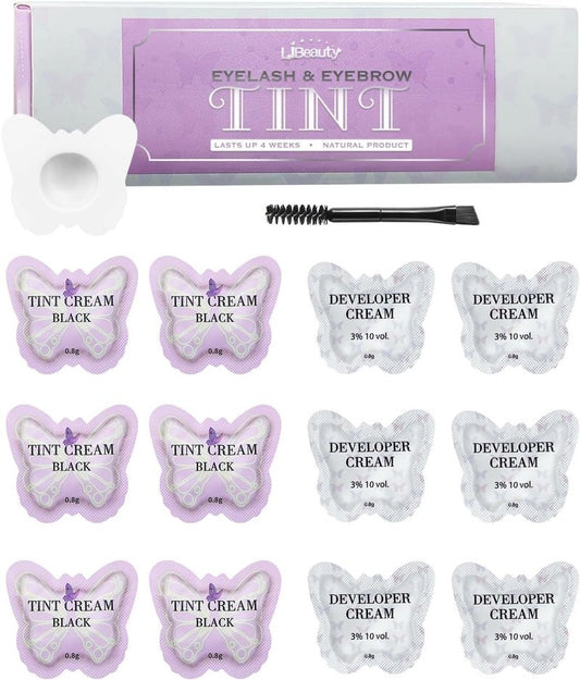 Libeauty Eyelash Black Color Kit, Semi-Permanent Hair Color Kit for Lash and Brow Cute Butterfly Disposable Individual Sachet Kit Instant Voluminous Coloring Eyebrow Colour Kit