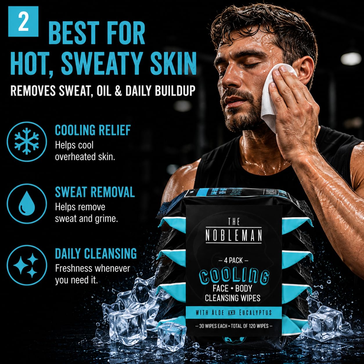 The Nobleman Cooling Face + Body Cleansing Wipes – Refreshing Skincare for Men with Aloe & Eucalyptus, Oil Control, Dirt Removal, Sweat Refresh, Daily Hygiene & After Gym Solution, (4 Pack, 120 Ct)