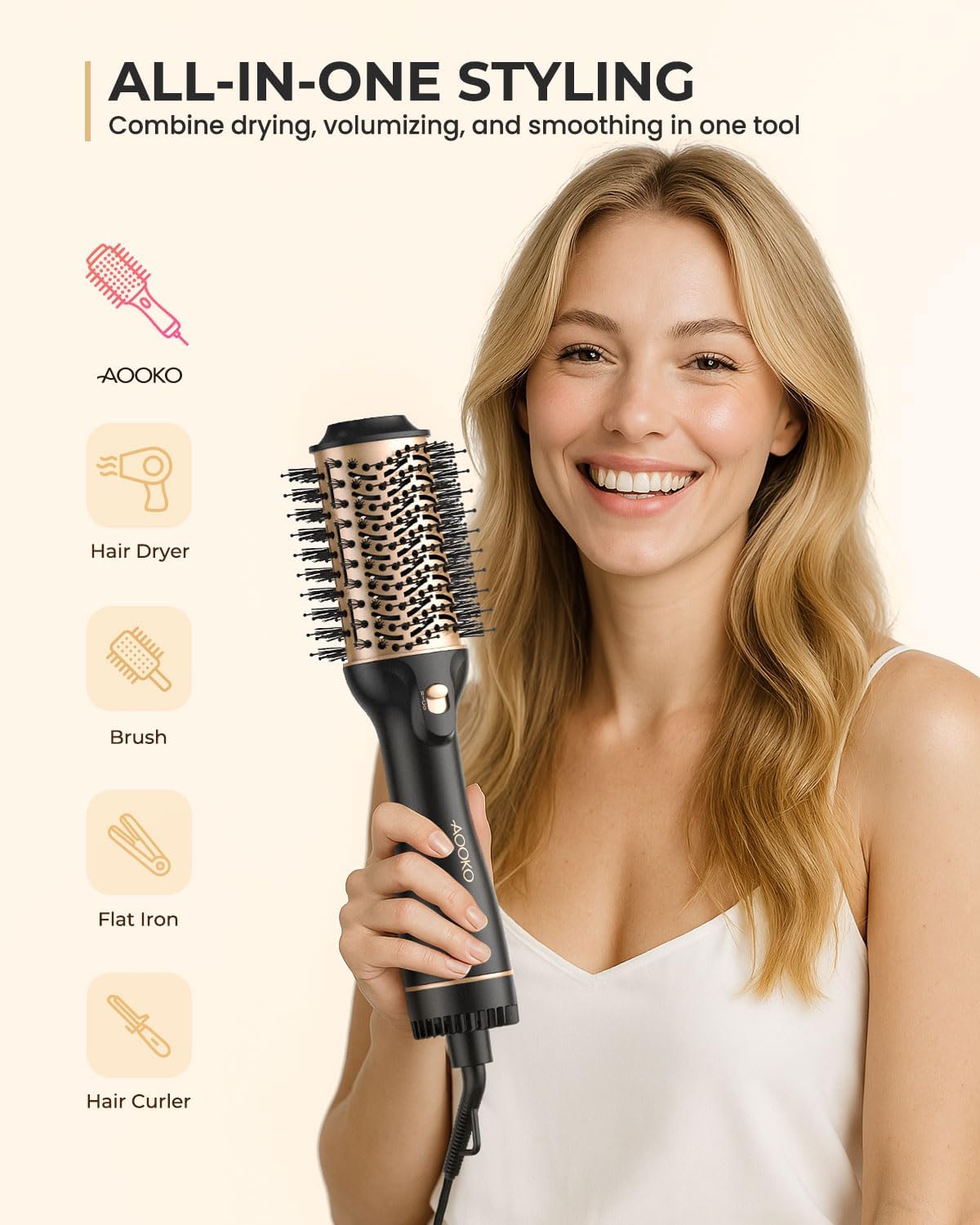 Dual Voltage Hair Dryer Brush - Fast Drying Hot Air Brush for Travel | 120-240V European Plug