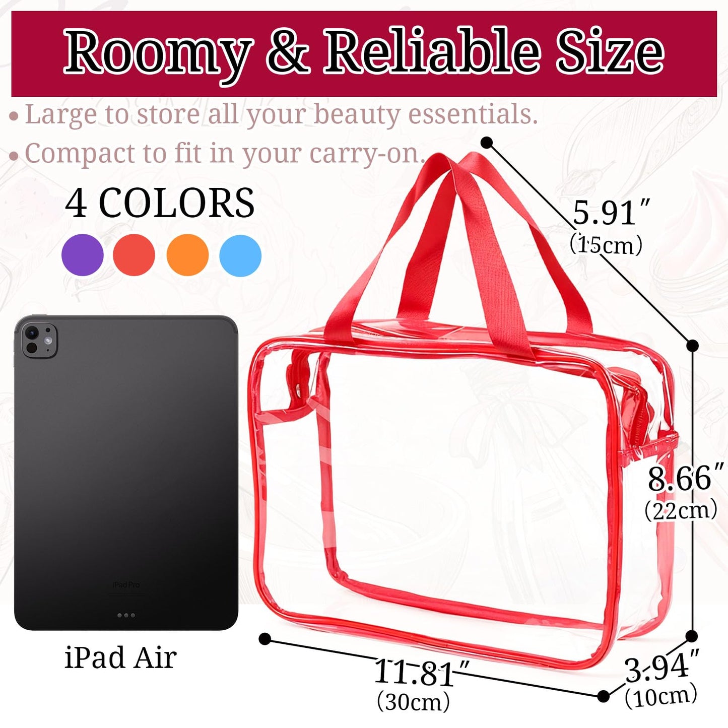 YOQIVEXU 4 Pack Large Clear Makeup Bag, Heavy Duty PVC Clear Cosmetic Toiletry Organizer Bags with Handle, Waterproof Plastic Toiletry Zipper Tote Bags for Travel, Gym, Cosmetic, Toiletry