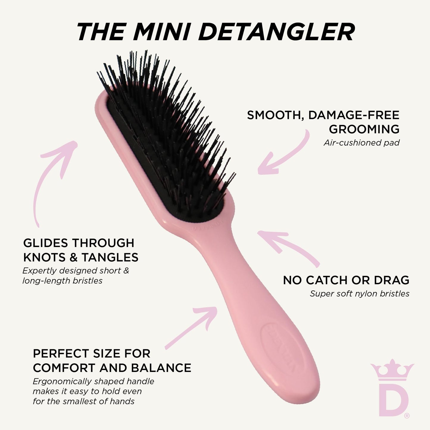 Denman Mini Deatngling Hairbrush for Short Hair - Gentle Wet & Dry Knot Remover for Kids and Adults, D90 Pink Crush
