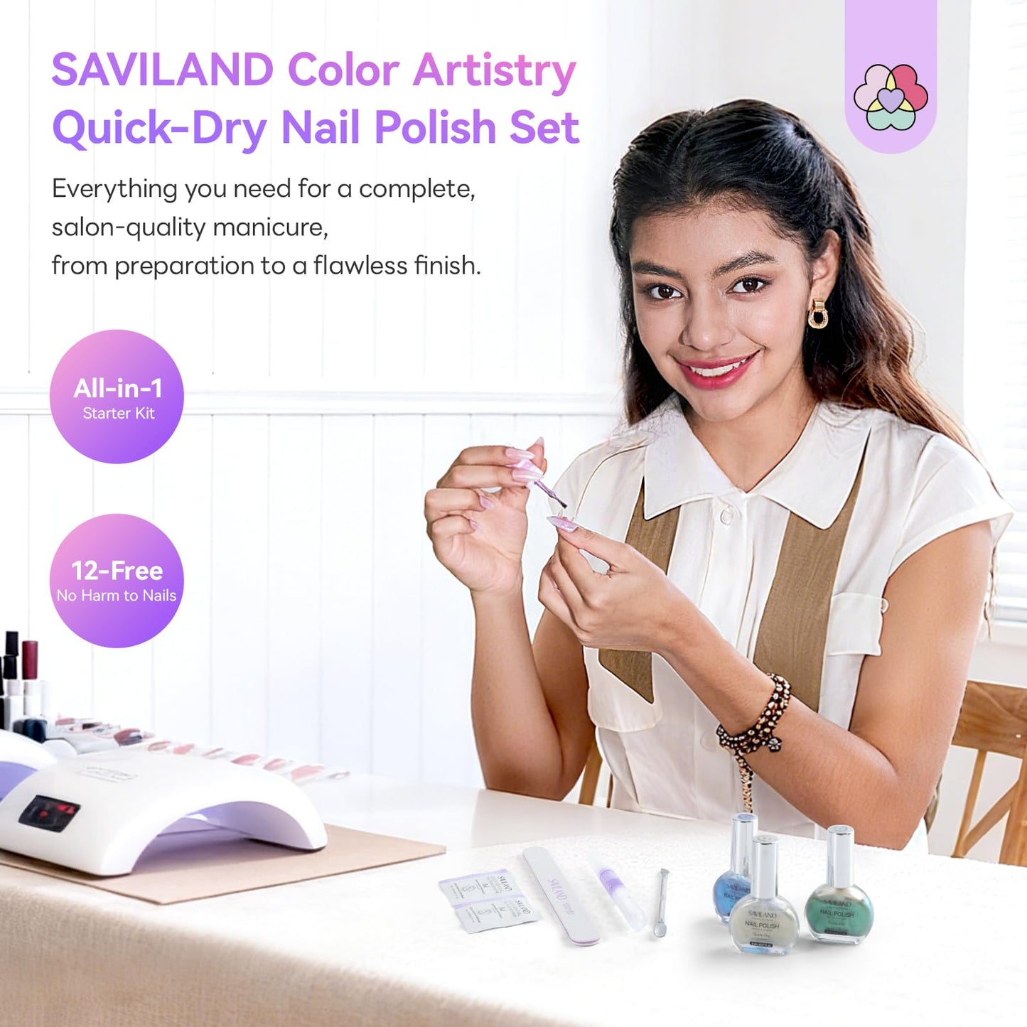 SAVILAND Quick-Dry Aurora Nail Polish Kit: 6+1 Colors Nail Polish Set with 3-in-1 Base Top Coat Cuticle Oil Pearl Glitter Pink Blue Green 12-Free Fingernail Polish Home DIY for Women Gift