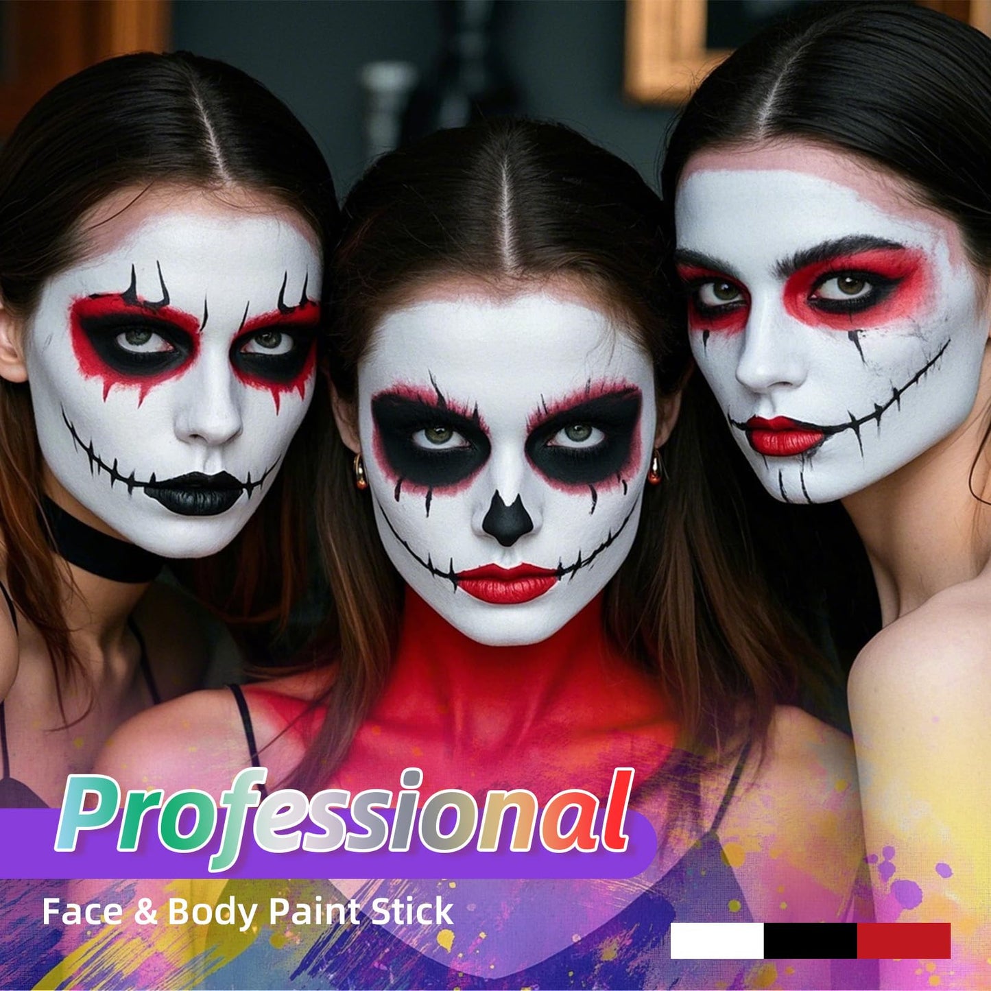 YBUETE 3Pcs Face Body Paint, Professional Paint for Halloween Cosplay Costume Party, Full-coverage Multi-Color Cream Makeup Body Paint for Adult Halloween Cosplay SFX Makeup Paint (White+Black+Red)