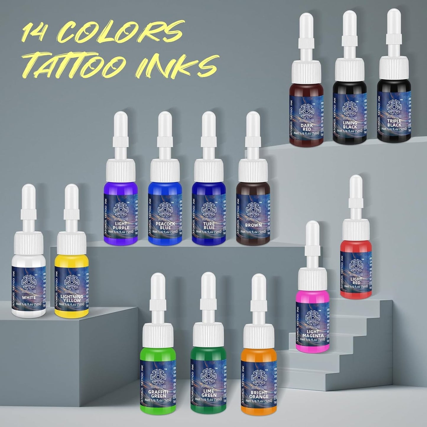 ATOMUS Tattoo Ink Kit - Natural Plant-Based Pigment Set for Permanent Makeup | 14 Colors, 1/6 oz
