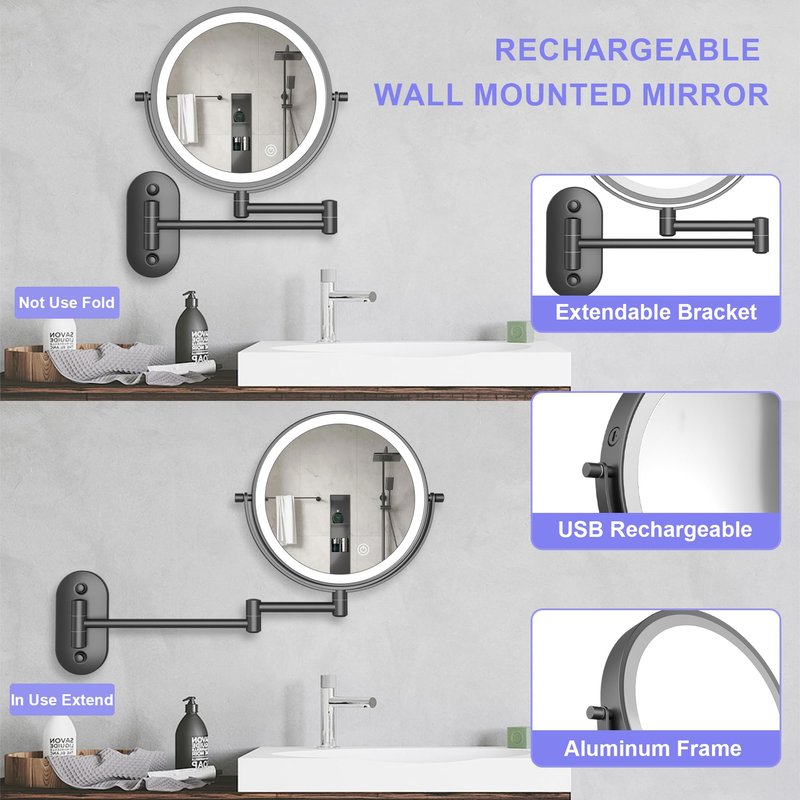 8“Wall Mounted Makeup Mirror With Lights, 10x Magnifying Mirror Wall Mount for Vanity, Bathroom and Shaving, Rechargeable Wall Mounted Makeup Mirror Swing Arm with Adjustable Brightness (Black-10X)
