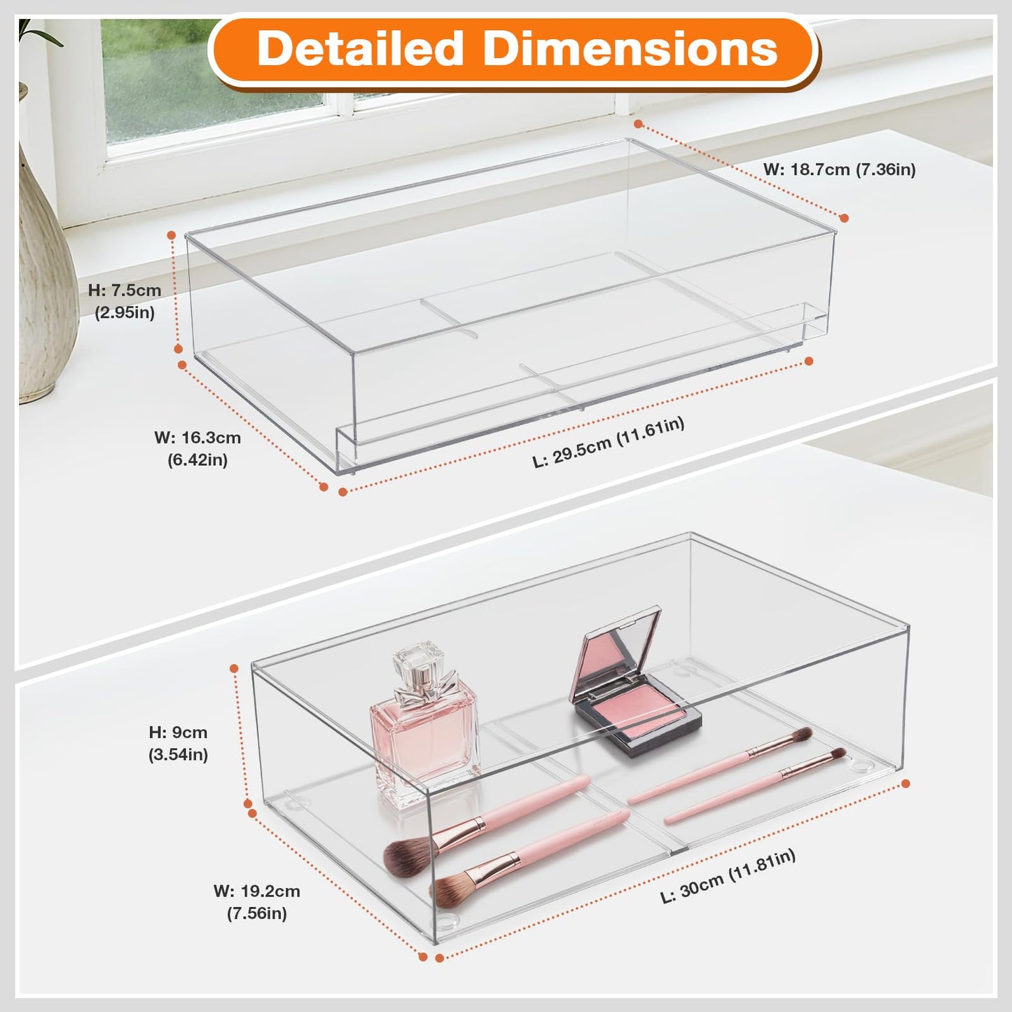 Clear Stackable Storage Drawers,2 Pack Plastic Organizers Bins for Makeup Organizer,Bathroom Makeup Organizer for Palettes,Cosmetic, and Beauty Supplies,Ideal for Vanity, Cabinet,Desk Organization