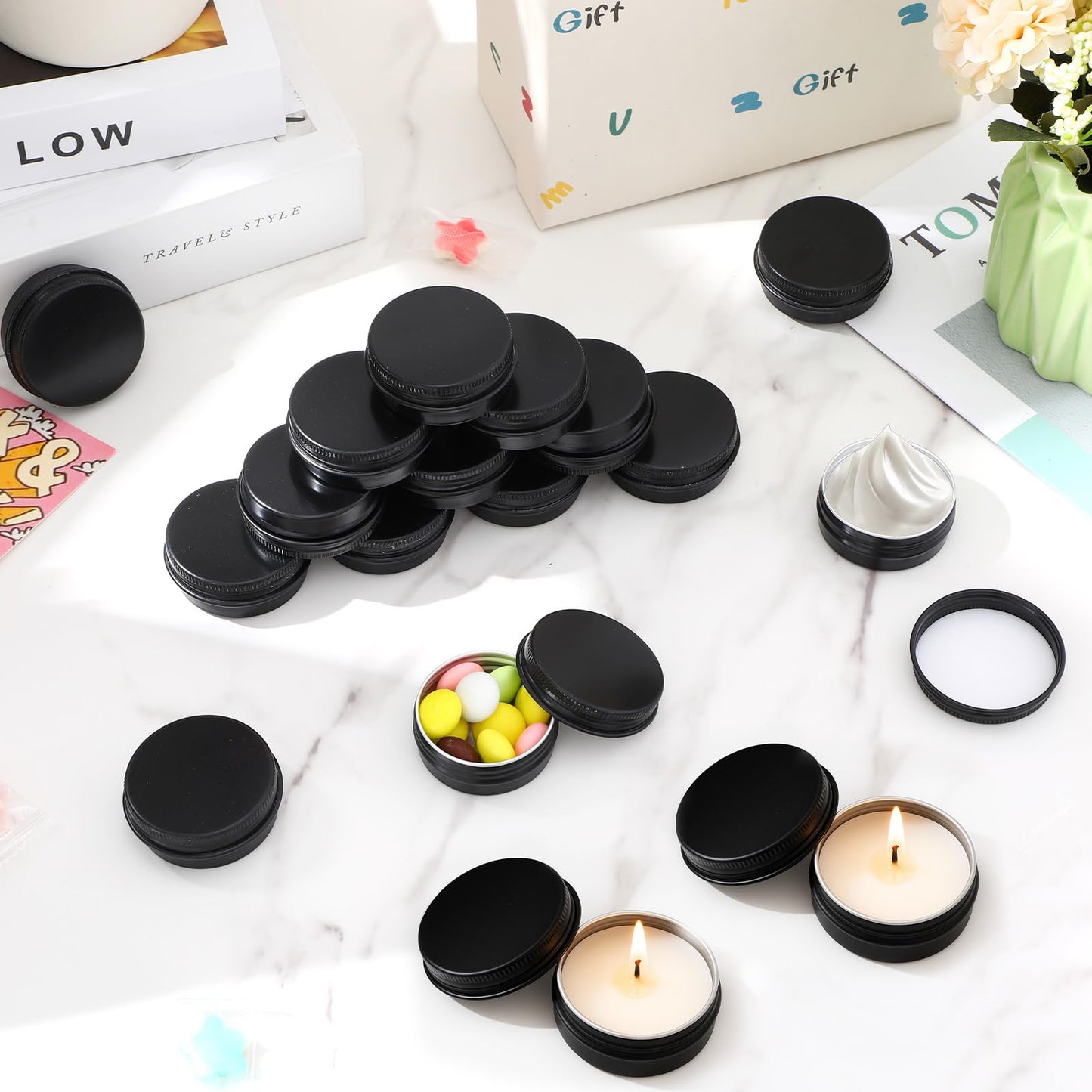 Moxweyeni 150 Pack 0.5 oz Containers with Lids 15 ml Black Tins 1/2 oz Aluminum Metal Tins Small Round Containers for Salve, Balms, Toiletries, Creams, Samples