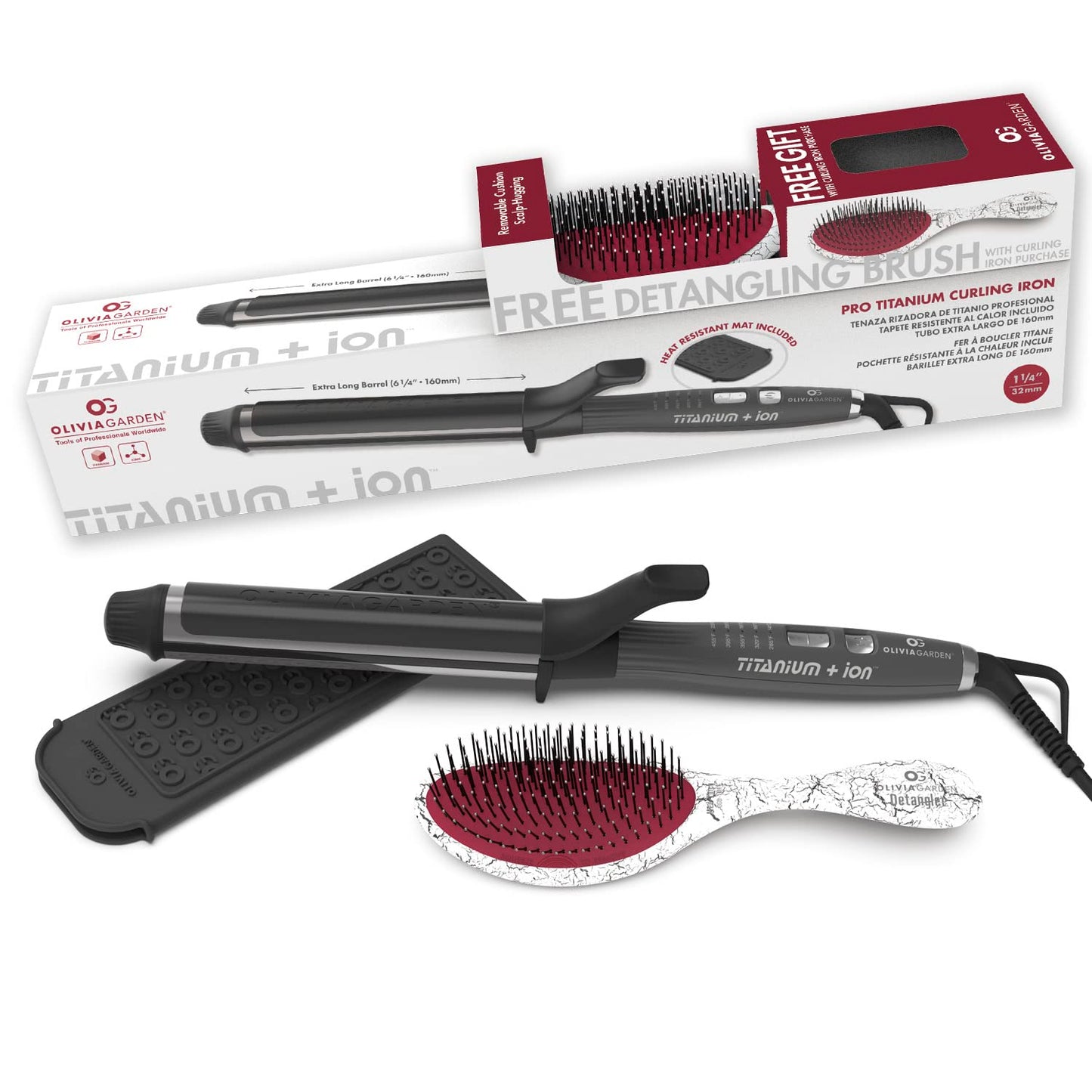 Olivia Garden Titanium + Ion Professional Curling Iron for All Hair Types - Includes Heat Resistant Heat Mat/Pouch and 1 Detangling Brush - 5 Heat Settings - 1.25” Long Barrel Diameter