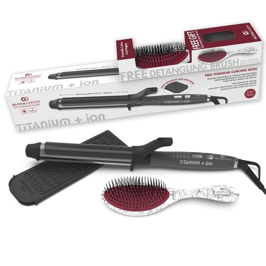 Olivia Garden Titanium + Ion Professional Curling Iron for All Hair Types - Includes Heat Resistant Heat Mat/Pouch and 1 Detangling Brush - 5 Heat Settings - 1.25” Long Barrel Diameter