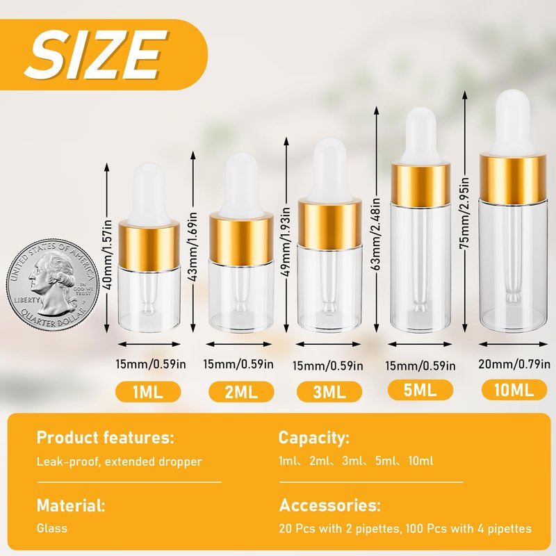 COTOM 100 Pack Mini Dropper Bottle for Cuticle Oil, 10ml Small Sample Essential Oil Dropper Bottles for Travel, Clear Empty Vails for Cosmetic Perfume
