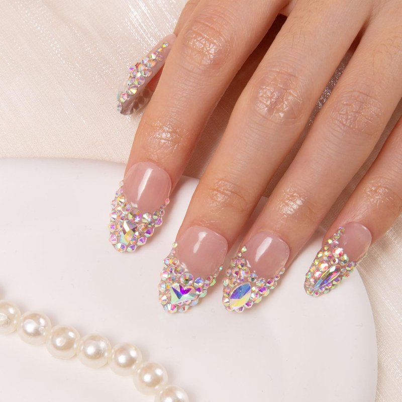 LOVFUL Press on Nails Citrus Bloom | Handmade with Full Covered Crystals | Reusable Fake Nails | Almond Regular 1.0 in | H209-M