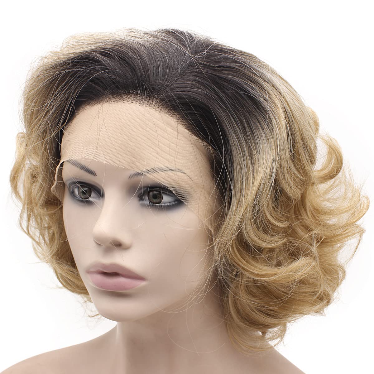 MX angel Dark Roots Blonde Short Curly Synthetic Hair Lace Front Wig Heat Resistant Fiber Hair